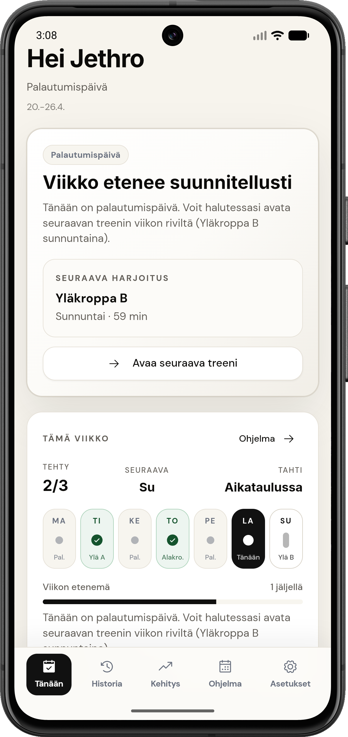 Treeniverstaan päivän treeni puhelinnäkymässä