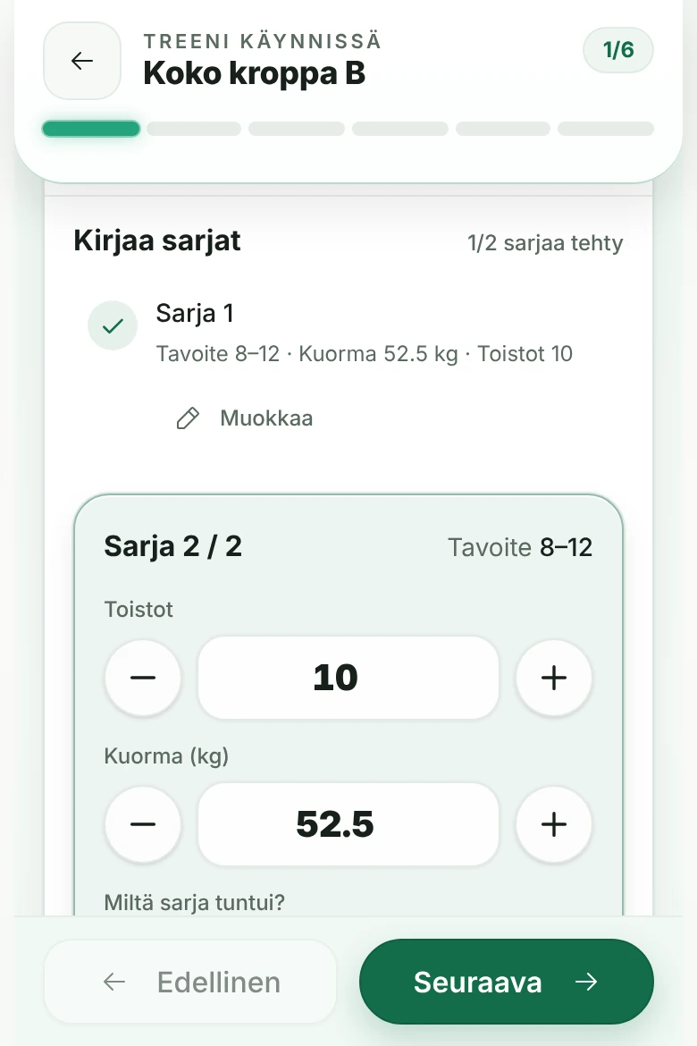 Treeniverstaan treeninäkymä: sarjat, painot, toistot ja sarjakirjaus