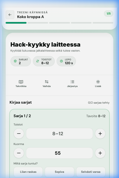 Treeniverstaan treeninäkymä: sarjat, painot, toistot ja sarjakirjaus