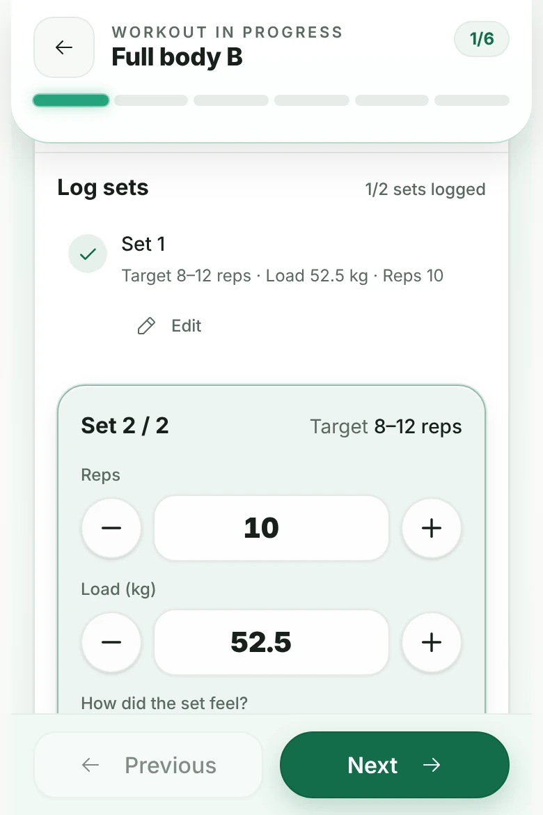 Treeniverstas workout logging view: exercise, sets, repetitions and load controls